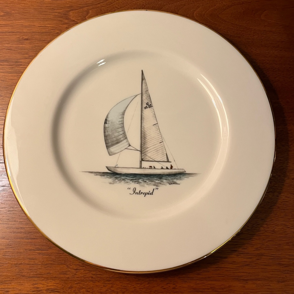 Nautical Vintage Antique Cream White Plate with Gold Rim Delano Studios Intrepid